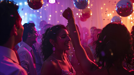 Young woman dancing and celebrating at a lively party with colorful lights and confetti
