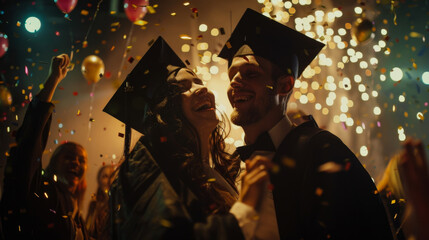 Graduates dancing and celebrating under confetti and lights at a festive party