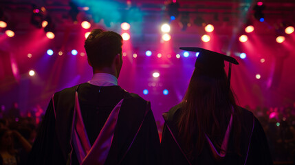 Graduates standing under colorful lights at a festive celebration