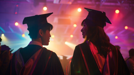 Two graduates in caps and gowns under colorful lights at a celebration