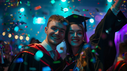 Two graduates celebrating with confetti under colorful lights at a party
