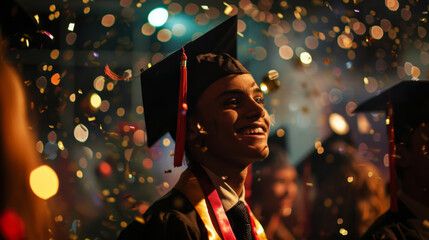 Graduate smiling under confetti and lights at a festive celebration