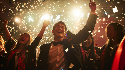 Asian graduates celebrating with confetti and smiles under bright lights at a party