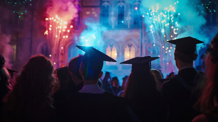 Graduates watching fireworks at a nighttime celebration with colorful lights