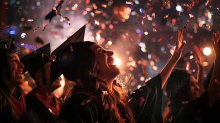 Graduates celebrating with confetti and joy under bright lights at a party