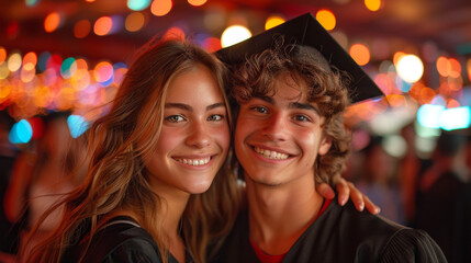 Graduates smiling and posing together at a festive celebration with colorful lights