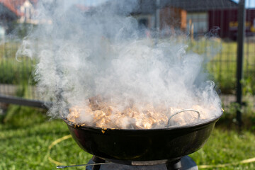 Cooking delicious meat on the grill, outdoor dining, smoke from the grill 