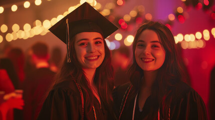 Two graduates smiling at a festive celebration with string lights