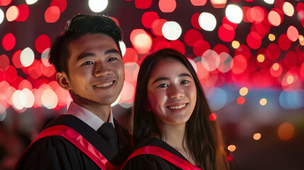 Two asian graduates smiling at a celebratory event with festive red lights
