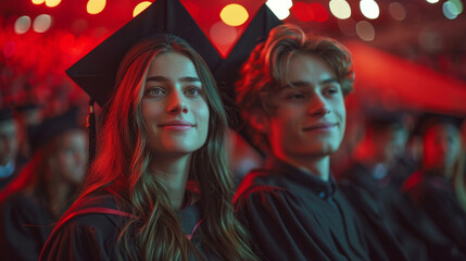 Graduates sitting at a ceremony with red festive lights