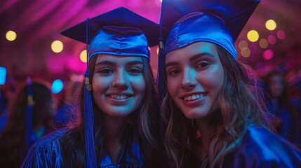 Two graduates in blue gowns smiling at a vibrant celebration event