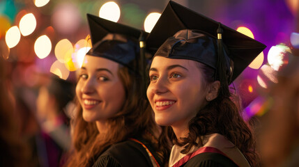 Two graduates smiling at a festive event with colorful lights