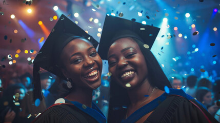 Graduates smiling and celebrating with confetti at a vibrant event
