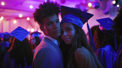 Graduates posing together at a vibrant celebration event with blue lighting