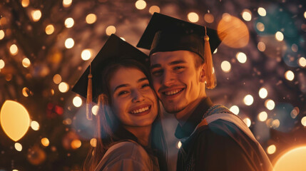 Graduates smiling at a festive celebration with bokeh lights