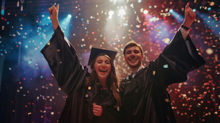 Graduates celebrating with confetti at a vibrant event
