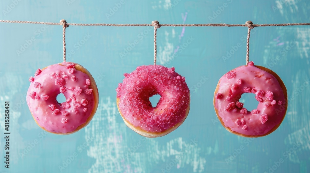 Aufkleber three doughnuts featuring varying shapes adorned with pink frosting delicately dangle from a string 