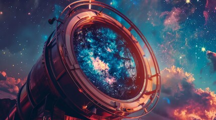 A telescope is shown in a colorful space scene