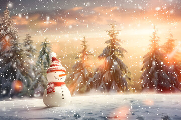 Fototapeta premium Snowman in winter Christmas scene with snow, pine trees, and warm light. Perfect for holiday cards, festive decorations, and seasonal greetings.