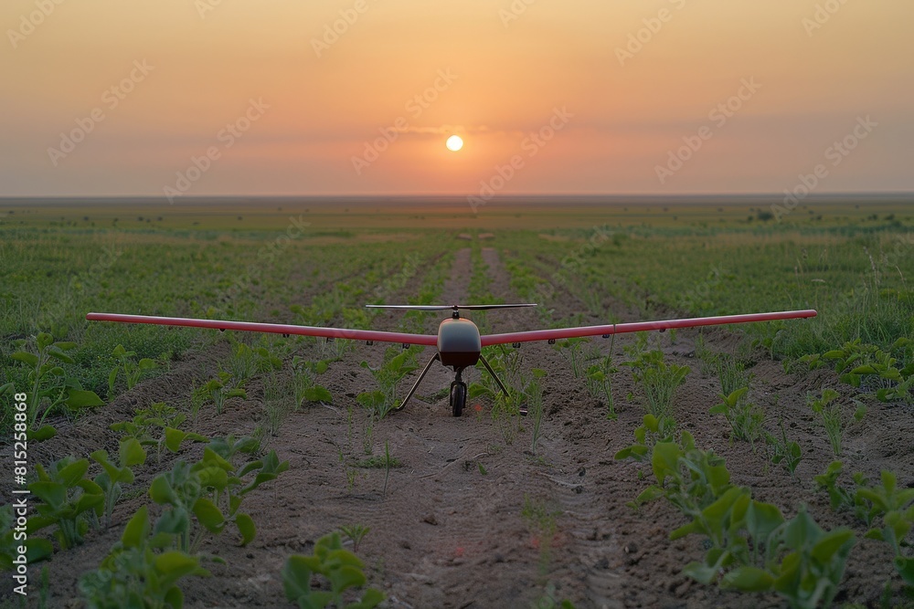 Poster futuristic smart farming drones innovate in green soil fields, integrating smart agritech practices 
