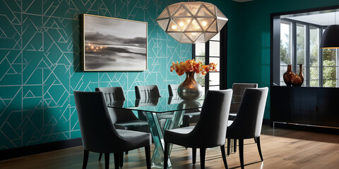  A contemporary dining room showcasing a bold geometric wallpaper in shades of teal and grey, complemented by a sleek glass dining table and modern light fixtures. 