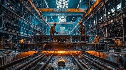 Fototapeta premium Visualize a factory setting where a team of workers is constructing a complex metal structure, emphasizing the importance of safety in metallurgy