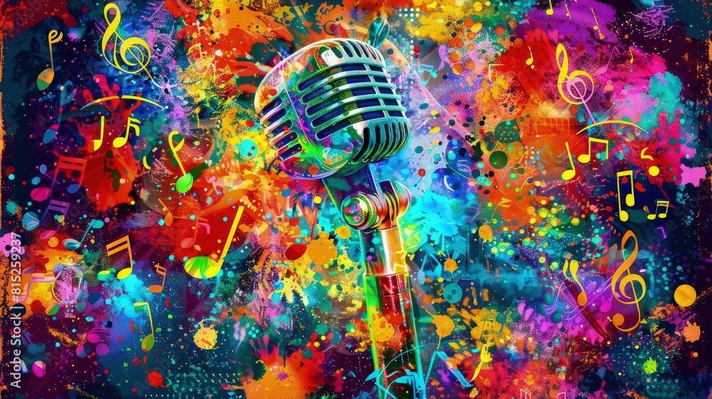 Poster a vibrant and colorful musical background with shiny, metallic treble clefs and notes floating on a 