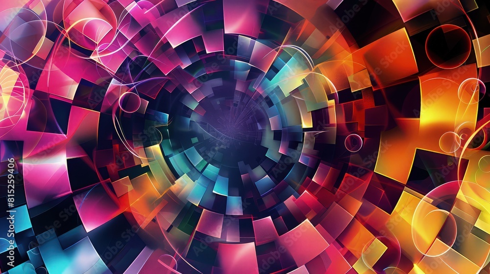 Poster a futuristic geometric background with glowing neon cubes floating in a dark, mysterious space, prov