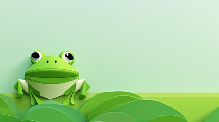 A frog is standing on a green leafy background