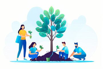 Happy family plant a tree in flat style cartoon