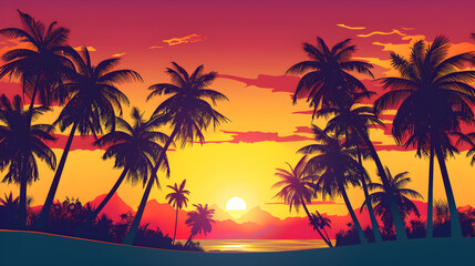 Fototapeta premium Silhouette of palm trees at tropical sunrise or sunset, perfect for travel and vacation themes.