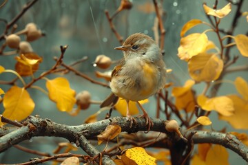 Small Bird Perched on Branch in Rain