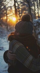 two women hug each other in winter
