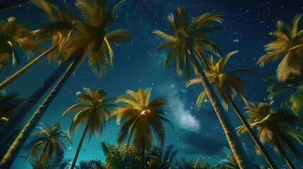 Array of palm trees, wide - angle, set against starry night sky, ethereal glow, subtle lighting on the trees realistic