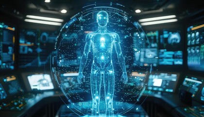 Highresolution scan of a human body in a digital health diagnostic center, blue tones, topdown view