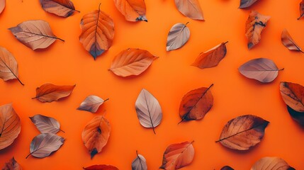 Creative layout made with leaves on bright orange background