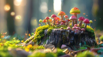 Enchanted forest with colorful mushrooms sprouting from a tree stump in a magical setting