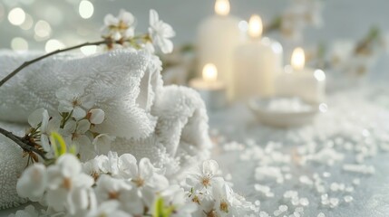 Burning candles with white towels and flowers in a spa in high resolution and high quality. spa concept, salon, work, towel, candles, massages