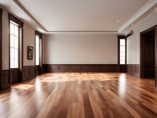 Obraz premium An expansive room with polished wood flooring housing a large empty picture frame for decoration design. 