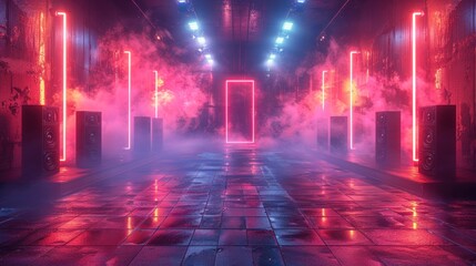 Naklejka premium 3D rendering room with sound Speakers and glowing neon lights