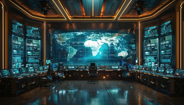 Hightech command center monitoring global connections, dynamic lighting, wide angle