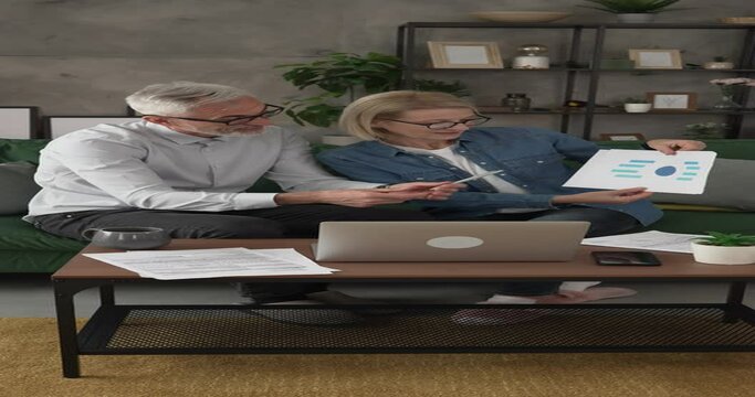 Mature man and woman work form home have consultation via video call