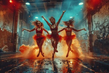 Three Dancers Performing in a Dark Room