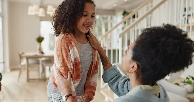 Hug, love or smile with mother and daughter in living room of home for bonding, safety or support. Happy. security or trust with woman single parent and girl child in apartment for development