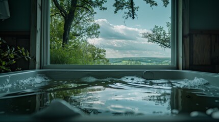 Relaxing view from a luxury bathtub overlooking scenic countryside landscape