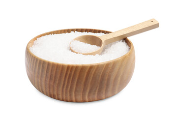 Natural salt in wooden bowl and spoon on white background