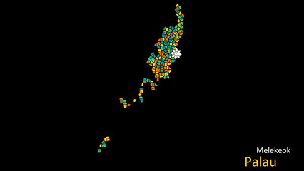 A map of Palau is presented as a mosaic with a dark background, and the country's borders are outlined in the shape of a colorful mosaic, centered around the capital city.