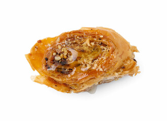 Eastern sweets. Piece of tasty baklava isolated on white, top view