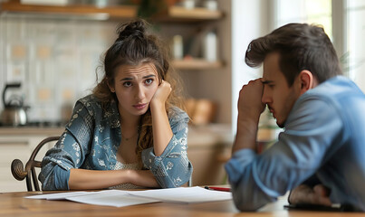 Young Woman Signing a Contract with Insurance Agent While Her Husband Disagrees with Her Decision in an Office Setting
