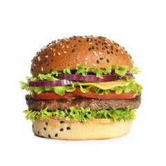 Burger with delicious patty isolated on white